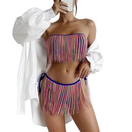 Women's Swimwear Women 2pcs Swimsuit Set Bikini Bandeau Bra And Bandage Briefs With Tassels Beachwear Bathing Suit