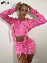 Work Dresses Habbris Fall RoseRed Velvet 2 Two Piece Sets Tracksuit Womens Outfits 2024 Long Sleeve Zip Up Hoodies Pocket Skirt Ladies