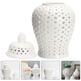 Storage Bottles Ginger Jar Traditional Ceramic Flower Vase Carved Lattice Decorative Temple White Home Decor