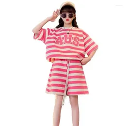 Clothing Sets Girls Striped Clothes Set Casual Loose Short Sleeve T-Shirt Shorts Leisure 2PCS Teen Children's Summer Sportswear 5-14Y