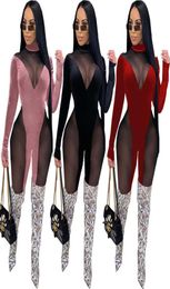 Plus size 2X fall winter Women sexy night club wearing mesh Jumpsuits casual solid color long sleeve Rompers sexy skinny bodysuits5484606