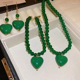 Necklace Earrings Set Minar Temperament Green Color Agate Natural Stone Love Heart Beaded Strand For Women Handmade Every Day Accessories