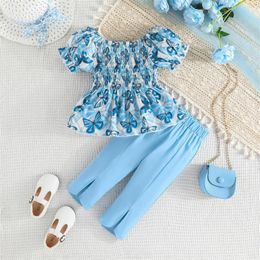 Clothing Sets 1 2 3 4Y Toddler Baby Girls Clothes Puffy Sleeve Butterfly Smocked Tops Blue Pants Two Piece Outfits Summer Kids