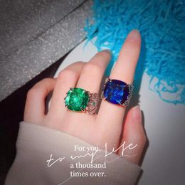 Cluster Rings Luxury Silver Colour Square Simulated Emerald Sapphires Tourmaline Stone For Women Wedding Fine Treasure Jewellery