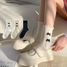 Women Socks Ruffle JK Lolita Sweet Girls Cute Black Bow Kawaii Princess Japanese Style Solid Color White Long