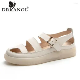 Casual Shoes DRKANOL 2024 Concise Genuine Leather Flat Sandals Women Summer Outside Comfort Buckle Roman