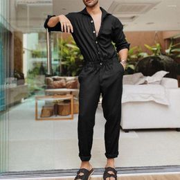 Men's Tracksuits Summer Thin Cargo Jumpsuit Pants Overalls Fashion Long Sleeve Lapel Button-Down Rompers Solid Colour Workwear