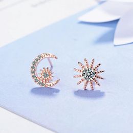 Stud Earrings Real 925 Sterling Silver Asymmetric Moon Star Dazzling CZ For Women Office Lady Fine Jewelry DA2945