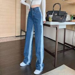 Women's Jeans Korean Waist Baggy For Women 2024 Fashion Straight Wide Leg Pants Side Denim Trousers Y2k Streetwear Female Mop