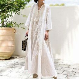 Casual Dresses Women Maxi Dress Elegant Floral Embroidered With Tassel Straps V-neckline For Retro A-line Style Summer