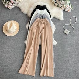 Women's Pants Winter Casual Wide Leg Long Women High Waist Loose Flat Solid Broadcloth Elastic Cotton Drawstring