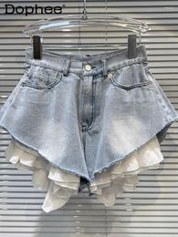 Women's Shorts Women 2024 Summer Lotus Leaf Hem Stitching Washed White Bevelled Edge Wide-Leg Denim Female Student Booty