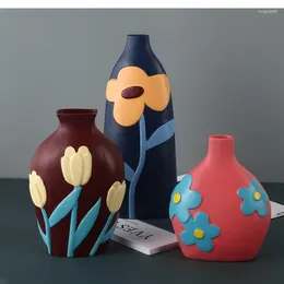 Vases Retro Creative Painted Flowers Ceramic Vase Decoration Living Room Flower Arrangement Dried Ornaments Home