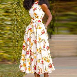 the New Summer A-line Skirt is Elegant and Elegant, with A Half High Collar Floral Print Dress