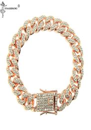 SLink Miami 12mm Rose Gold Cuban Bracelet Pink Rhinestone Alloy Frozen Hip Hop Fashion Punk Necklace Jewelry8750589