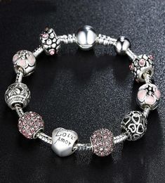 Antique 925 Silver Charm Fit Bangle Bracelet with Love and Flower Crystal Ball for Women Wedding PA14555544330