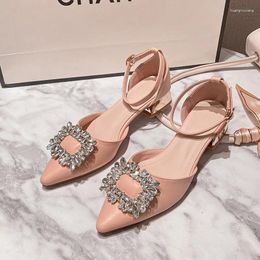 Casual Shoes Pointed Toe Crystal Buckle Sandals Women D'orsay Ankle Strap Summer Gold Thick Heel Gladiator Sandalias Mujer Big Size 43