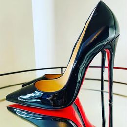 Women High Heel Shoes Red Shiny Bottoms 8cm 10cm 12cm Thin Heels Black Nude Patent Leather Woman Pumps with dust bag 34-44