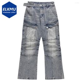 Men's Jeans Fashion Pockets Pleated Patchwork Blue Baggy Men Harajuku Streetwear Hip Hop Loose Straight Denim Pants