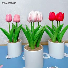 Decorative Flowers Artificial Bonsai Tulip Pink Potted Fake Plastic Plants For Home Desktop Office Decoration