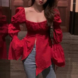 Women's Blouses Red Korean Style Sexy Blouse Women Chic Design Casual Elegant Female 2024 Autumn Sweet Long Sleeve Evening Party Clothes