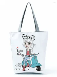 Shoulder Bags Cartoon Girl Printed Handbag Fashion Blue Electric Car Graphic Women Bag Reusable High Capacity Shopping Can Custom