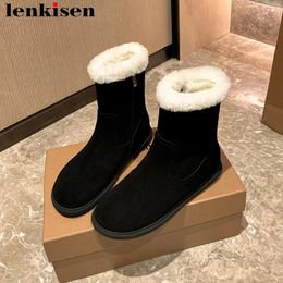 Boots Lenkisen 2024 Keep Warm Wool Cow Suede Round Toe Low Heels Snow Fur Comfortable Winter Shoes Elegant Zipper Ankle