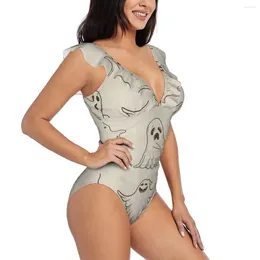 Women's Swimwear Women One Piece Swimsuit Halloween Ghost Illustration Female Swimming Bikinis Push Up Monokini Sexy Ruffle Bathing Suit