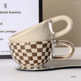 Mugs 200ml 1pc Personalised Retro Niche Irregular Checkerboard Ceramic Coffee Cup Personalized High-looking