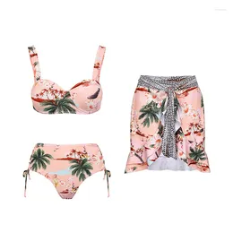 Women's Swimwear High-Waist Underwire Bikini Set Pink Floral Print With Cover Up Beachwear Dress Luxury Designer Bathing