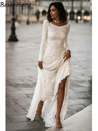 Bohemian Long Sleeve Floral Lace Wedding Dresses A-Line Scoop Open Back Boho Country Bridal Gowns