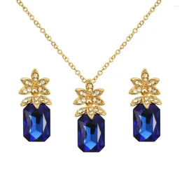 Necklace Earrings Set Luxury Blue Rhinestone Crystal Bridal Flower Pendant With Stud Glass Stone Jewellery For Women