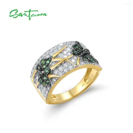 Cluster Rings SANTUZZA Authentic 925 Sterling Silver For Women Round Green Spinel Butterfly Animal Gold Plated Wedding Gift Fine Jewellery