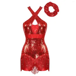Stage Wear Womens Latin Jazz Dance Dress And Headwear Performance Costume Shiny Sequins Tassel Leotard Cross Fringed Bodysuit Outfit