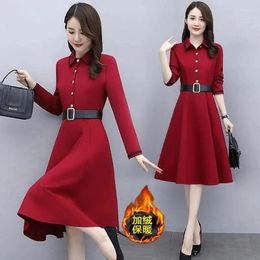 Casual Dresses Spring Autumn Dress Women Fashion Long Sleeve A-line Add Velvet Thicken Winter Ladies Vestidos M-4XL