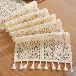 Vintage Beige Table Runner Christmas Crochet Lace Cotton Blended Fabric with Tassel For Coffee Table Decor Wedding Decoration 240430