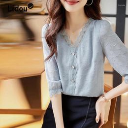 Women's Blouses Women Korean Fashion Lace Patchwork Sweet Chiffon Blouse 2024 Summer Elegant Chic V Neck Slim Shirt Casual Solid 3/4 Sleeve