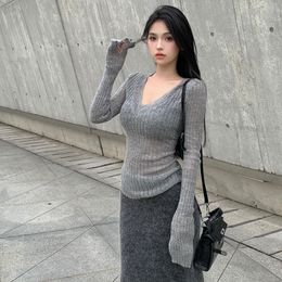 24 New Grey v neck long sleeved knitwear women summer thin pullover sweater tight bottom top