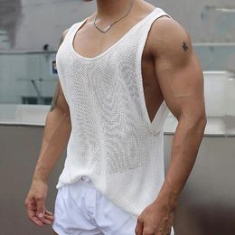 Men's Tank Tops 2024 Summer Fashion Mens Knit Sleeveless Crew Neck Pure Colour Knitted Vest Men Vintage Hollow Out Breathable Camisoles