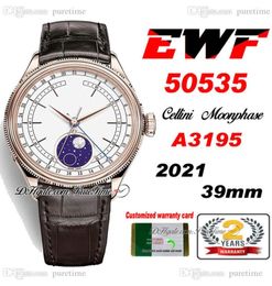 EWF Cellini Moonphase 50535 A3195 Automatic Mens Watch 39mm Rose Gold White Dial Real Meteorite Brown Leather Super Edition Same S1650564