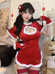 Party Dresses Christmas Sexy Cheongsam Dress Elegant Uniform Clothes Hanfu Women Chinese Retro Fashion Red Short Sleeve Tops 1PJQ