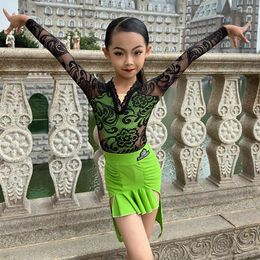 Stage Wear 2024 Latin Dance Costume Black Lace Tops Green Skirt Girls Rumba Samba Performance Outfit Ballroom ChaCha Dress DL11012