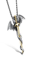 Punk Dragon Sword Men Pendant Necklace Cool Gold Color Stainless Steel Men Jewelry Link Chain Charm Accessory Collar Hombre GX937198309