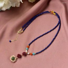 Chains Natural Lapis Lazuli Southern Red Tianhe Stone Cinnabar Jasper Sun Flower Pendant Sweater Chain For Women