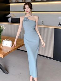 Casual Dresses Summer Women's Elegant 3D Flowers Dress Solid Color High Waist Sleevelesss Sexy Spaghetti Strap Fashion Bodycon