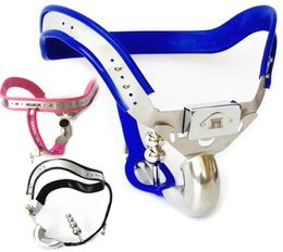 Stainless Steel Male Blue Device Model-T Adjustable Curve Waist Belt Cock Cage with Plug BDSM Sex Toys1293420