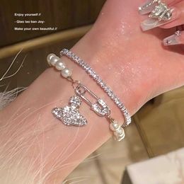 Designer Saturn Bracelet Pearl Brand Silver Full Diamond Design Light Luxury