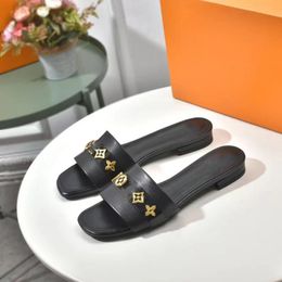 Lock It flat sandals calf leather women lady girl outsole Summer gold-tone Circle buckle accessory mule Slides Slipper Thong Sandal Shoes size35-42 04
