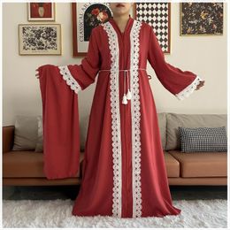 Ethnic Clothing Latest Women Elegant Dresses Dubai Party Outfits Lace Long Sleeve Chiffon Dashiki Muslim Robe Open African Abaya