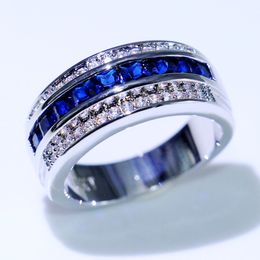 Choucong New Arrival Hot Sale Fashion Jewelry 10KT White Gold Fill Princess Cut Blue Sapphire CZ Diamond Men Wedding Band Ring For Love 285W